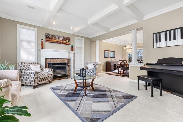 N4455 Dorothy Jane Ct, Kaukauna, WI 54130 - carpeted living room featuring coffered ceiling, ornate columns, a healthy amount of sunlight, and beamed ceiling
