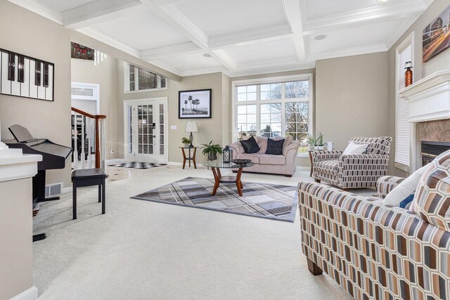 N4455 Dorothy Jane Ct, Kaukauna, WI 54130 - living room with coffered ceiling, a fireplace, beam ceiling, and carpet