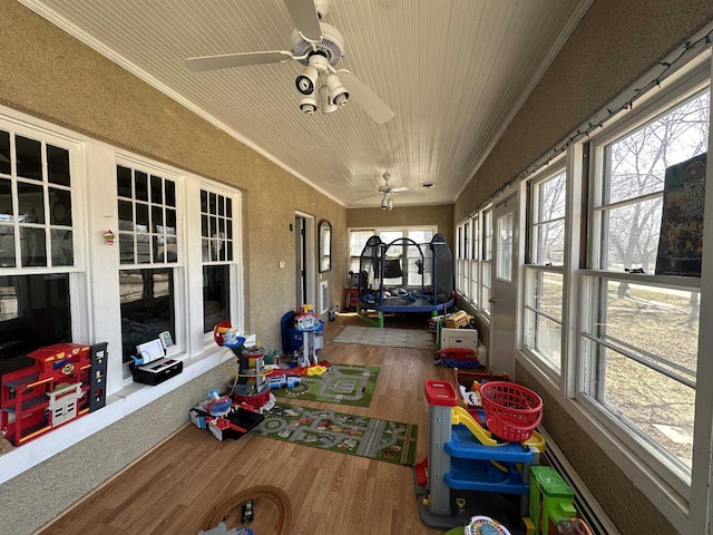 sunroom with a wealth of natural light, ceiling fan, crown molding, and wood finished floors