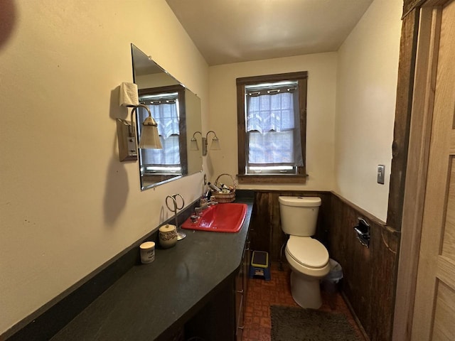 bathroom with vanity, wainscoting, and toilet