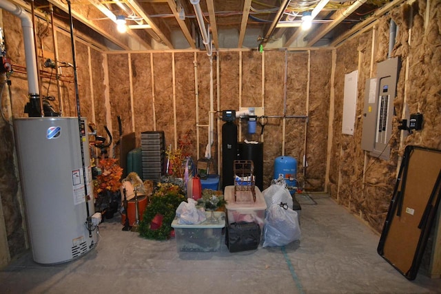 unfinished below grade area with electric panel and water heater