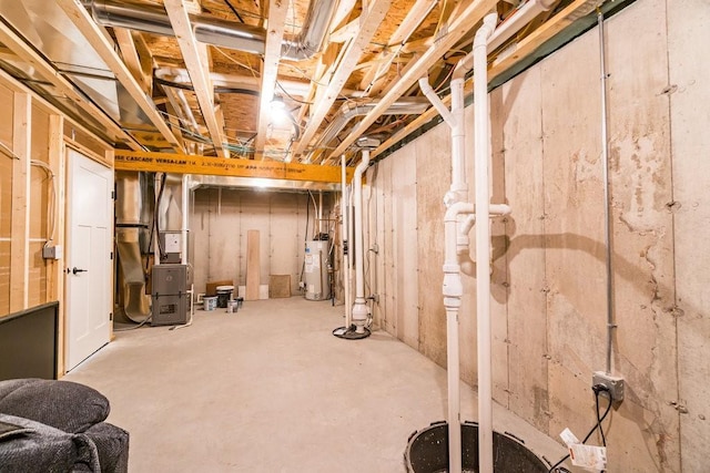unfinished below grade area featuring heating unit and gas water heater