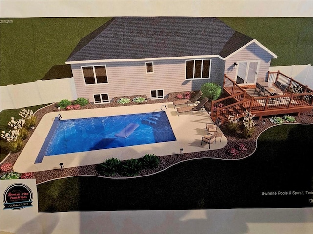 view of swimming pool featuring a patio area, fence, a wooden deck, and a fenced in pool