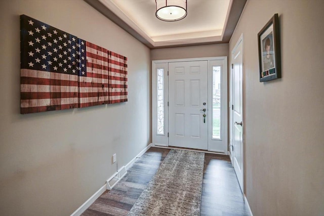 entrance foyer with visible vents, baseboards, dark wood-type flooring, and a tray ceiling