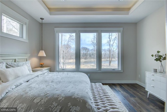 bedroom with dark wood-type flooring, baseboards, and a raised ceiling