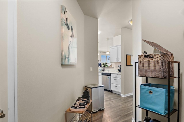 corridor featuring a sink and wood finished floors