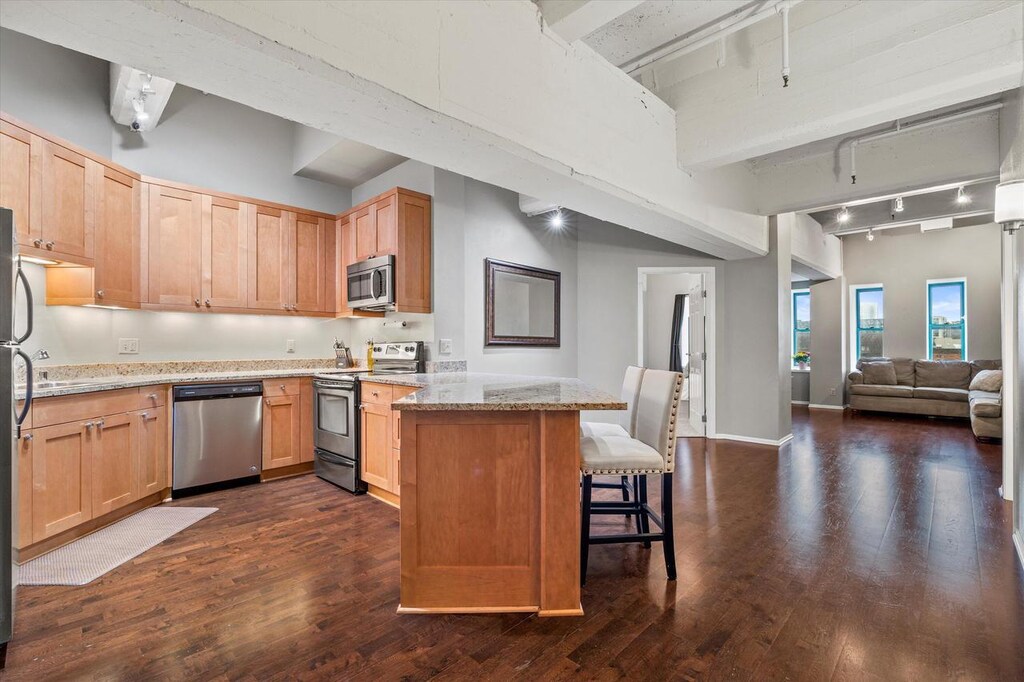 kitchen featuring dark wood-style floors, a towering ceiling, light brown cabinetry, and appliances with stainless steel finishes