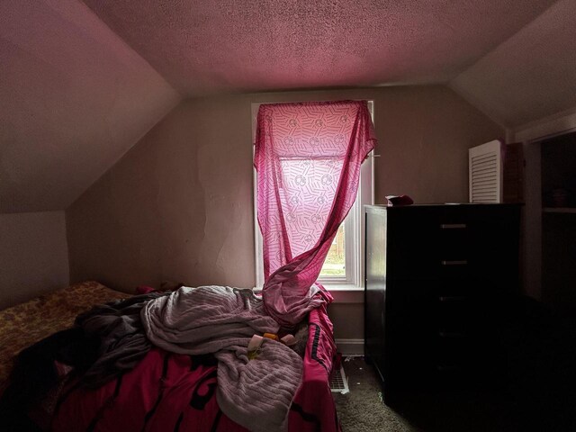 1842 Lasalle St, Racine, WI 53402 - carpeted bedroom with a textured ceiling and lofted ceiling