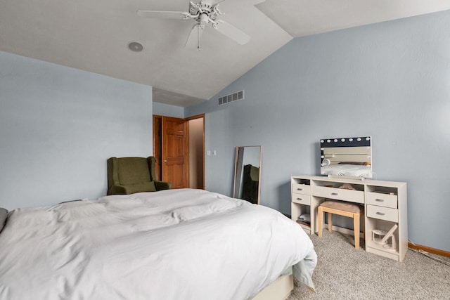 bedroom featuring carpet, a ceiling fan, vaulted ceiling, visible vents, and baseboards