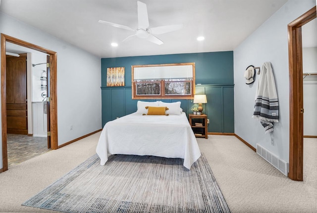 carpeted bedroom featuring recessed lighting, visible vents, baseboards, and ceiling fan