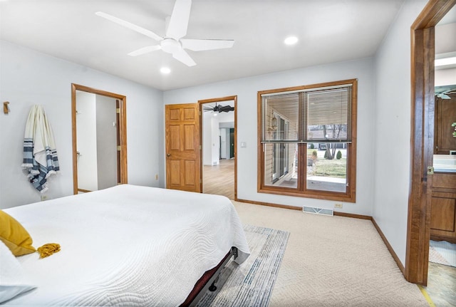 bedroom with visible vents, baseboards, a ceiling fan, recessed lighting, and light carpet