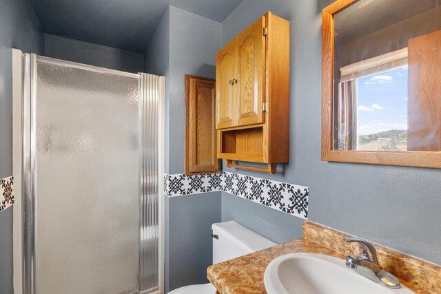 bathroom with a shower stall, vanity, and toilet