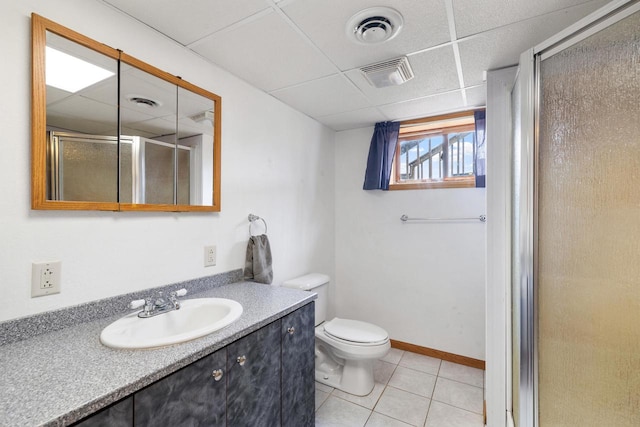 bathroom with a shower stall, tile patterned floors, vanity, and visible vents