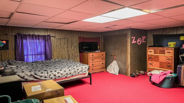 816 Royalton St, Waupaca, WI 54981 - bedroom featuring wood walls, a drop ceiling, and carpet