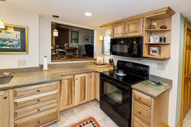 W340S2401 County Road C, Oconomowoc, WI 53066 - kitchen featuring dark stone countertops, light brown cabinets, black appliances, recessed lighting, and pendant lighting
