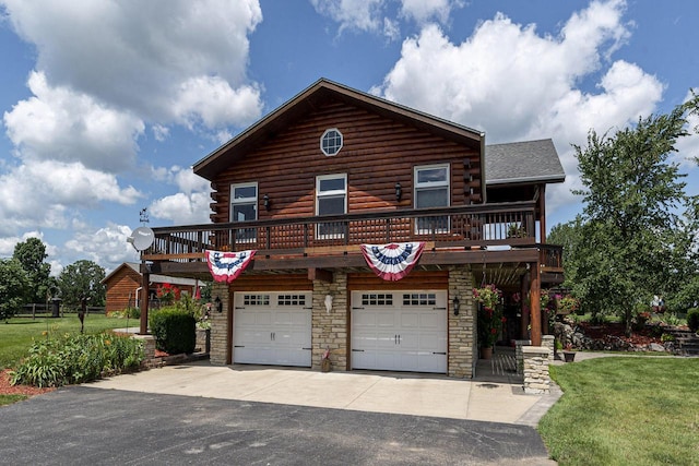 W340S2401 County Road C, Oconomowoc, WI 53066 - log-style house featuring a wooden deck, stone siding, a front lawn, an attached garage, and driveway