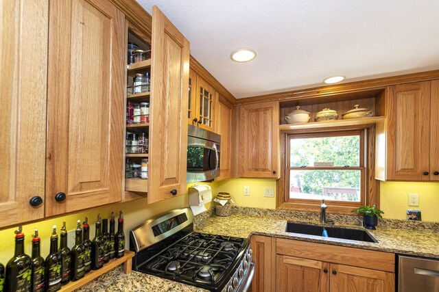 W340S2401 County Road C, Oconomowoc, WI 53066 - kitchen featuring brown cabinets, appliances with stainless steel finishes, a sink, and light stone counters