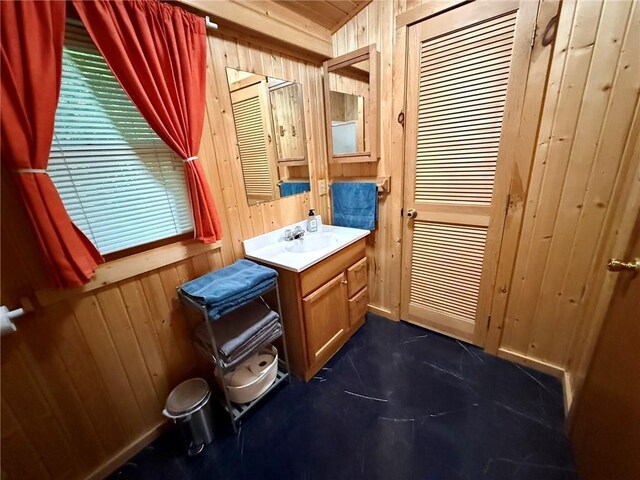 6039 Elsie Rd Unit 2, Stone Lake, WI 54876 - bathroom featuring wood walls, vanity, and healthy amount of natural light