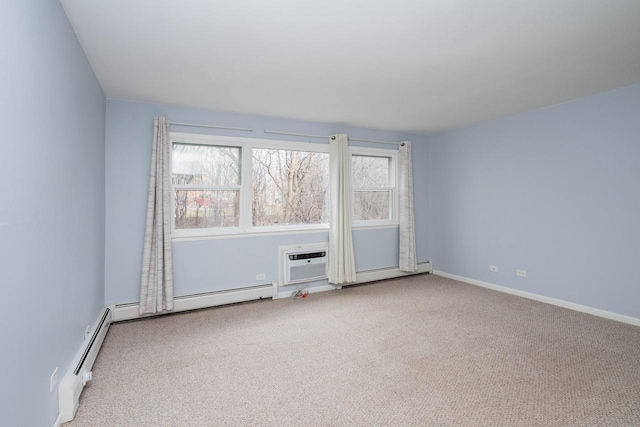 carpeted empty room featuring baseboards, a baseboard radiator, and a wall unit AC
