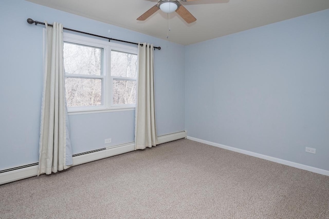 carpeted empty room featuring a baseboard radiator, baseboards, and a ceiling fan