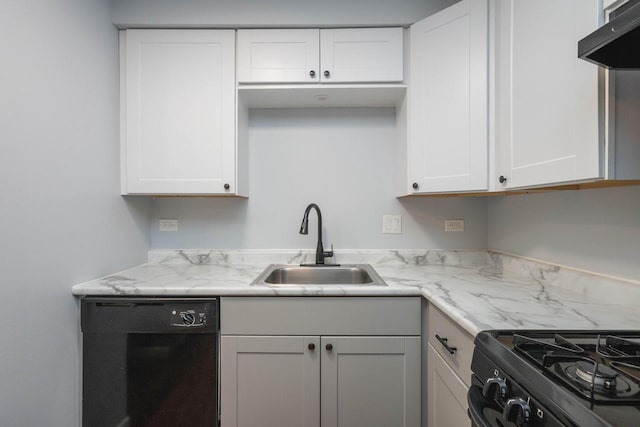 kitchen with white cabinets, a sink, under cabinet range hood, black appliances, and light stone counters