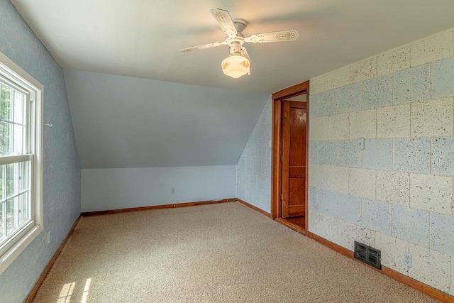 N1616 Haddinger Rd, Monroe, WI 53566 - additional living space with vaulted ceiling, carpet flooring, and a ceiling fan