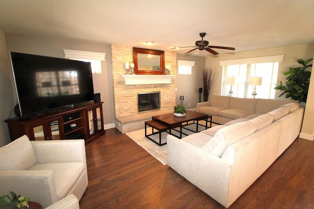 4786 Cardinal Ln, Sun Prairie, WI 53590 - living area featuring ceiling fan, baseboards, dark wood-style floors, and a fireplace