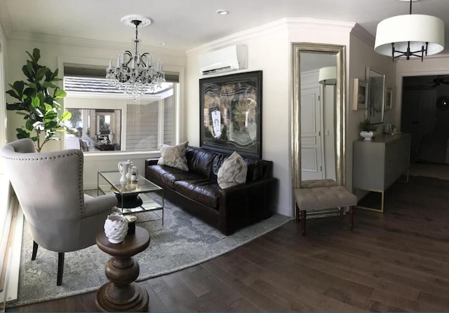 4786 Cardinal Ln, Sun Prairie, WI 53590 - living area featuring an AC wall unit, wood finished floors, a chandelier, ornamental molding, and recessed lighting