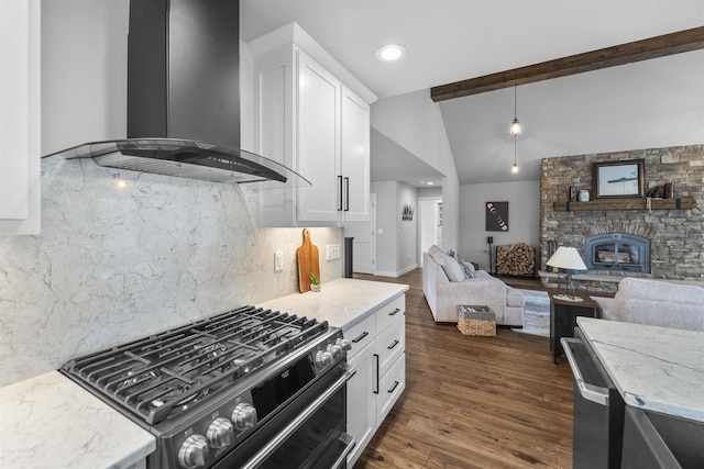 W7181 Duck Creek Ave, Westfield, WI 53964 - kitchen with white cabinets, lofted ceiling with beams, wall chimney exhaust hood, open floor plan, and black gas stove