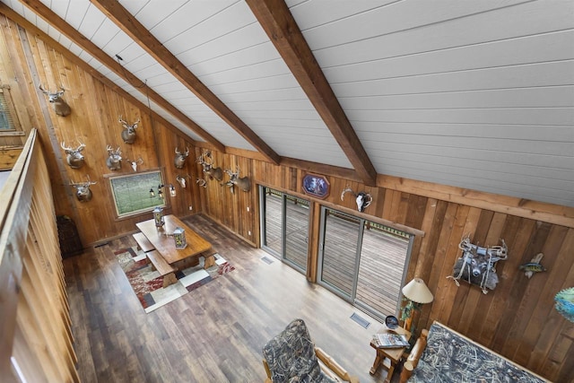 W7181 Duck Creek Ave, Westfield, WI 53964 - living room with vaulted ceiling with beams, wood walls, wood ceiling, and wood finished floors