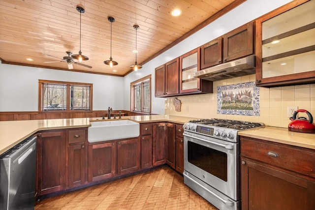 3853 County Rd E, Junction City, WI 54443 - kitchen featuring appliances with stainless steel finishes, under cabinet range hood, a sink, wood ceiling, and light countertops