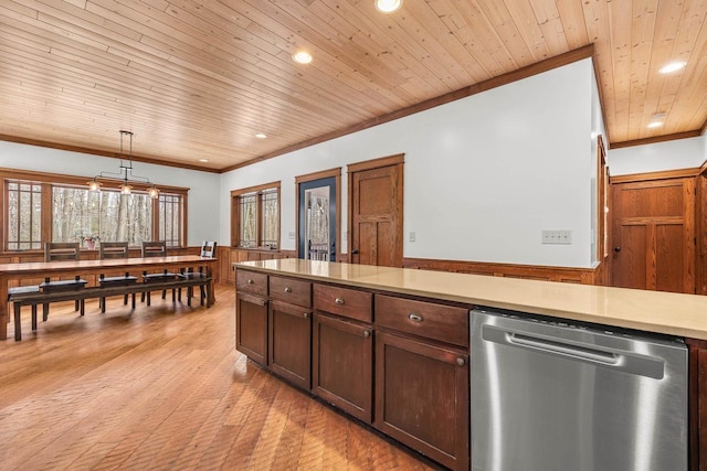3853 County Rd E, Junction City, WI 54443 - kitchen with dishwasher, wood ceiling, light countertops, ornamental molding, and recessed lighting
