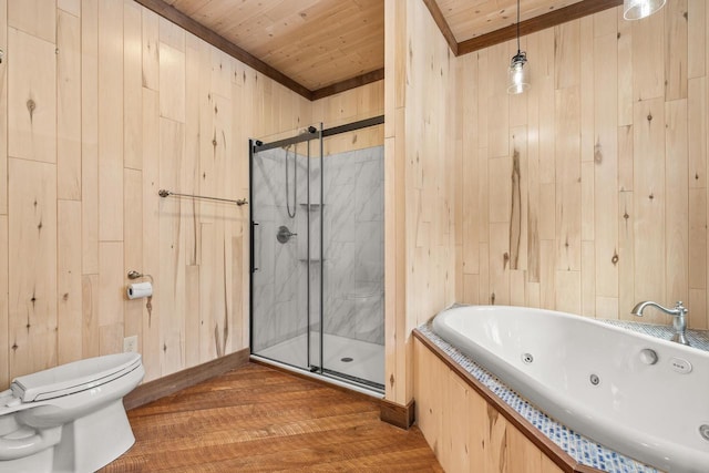 3853 County Rd E, Junction City, WI 54443 - bathroom featuring a stall shower, wood finished floors, wood ceiling, a whirlpool tub, and toilet