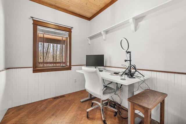 3853 County Rd E, Junction City, WI 54443 - office area with wainscoting, wood ceiling, wood finished floors, and wood walls