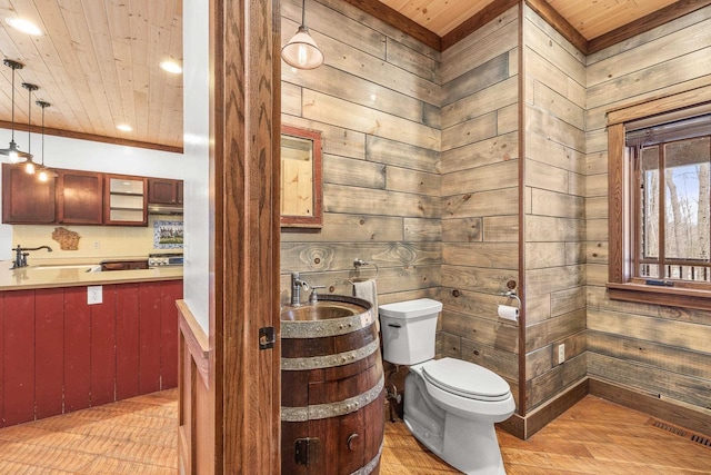 3853 County Rd E, Junction City, WI 54443 - bathroom featuring wood ceiling, wooden walls, toilet, vanity, and wood finished floors