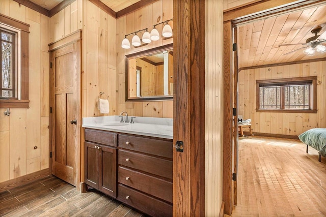 3853 County Rd E, Junction City, WI 54443 - bathroom featuring wood walls, wood ceiling, wood finished floors, healthy amount of natural light, and vanity