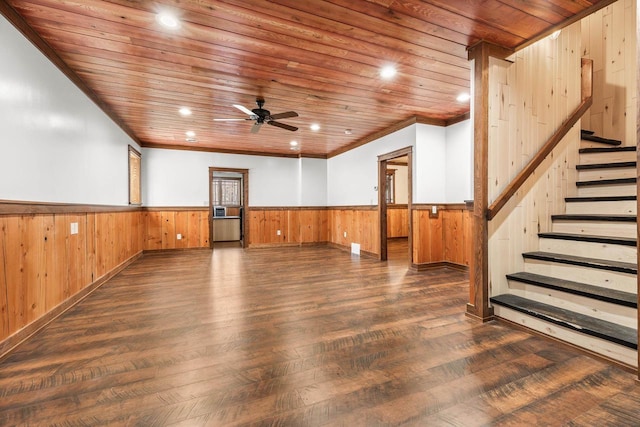 3853 County Rd E, Junction City, WI 54443 - empty room with wood finished floors, a wainscoted wall, ceiling fan, stairs, and wood walls