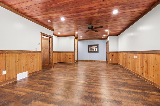 3853 County Rd E, Junction City, WI 54443 - spare room featuring wood finished floors, ceiling fan, a wainscoted wall, wooden ceiling, and wood walls