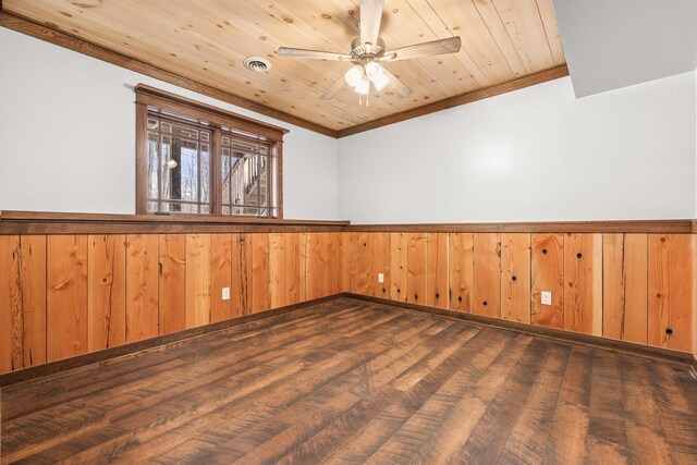 3853 County Rd E, Junction City, WI 54443 - unfurnished room with wainscoting, wood finished floors, crown molding, ceiling fan, and wooden walls