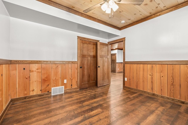 3853 County Rd E, Junction City, WI 54443 - empty room with a wainscoted wall, wood ceiling, hardwood / wood-style flooring, a ceiling fan, and wooden walls