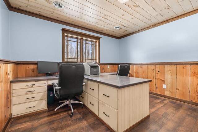 3853 County Rd E, Junction City, WI 54443 - home office featuring a wainscoted wall, wooden ceiling, dark wood-style flooring, wooden walls, and crown molding
