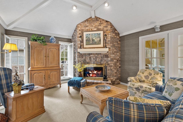 1012 E Kramer Ln, Appleton, WI 54915 - living area with a fireplace, lofted ceiling with beams, and light carpet