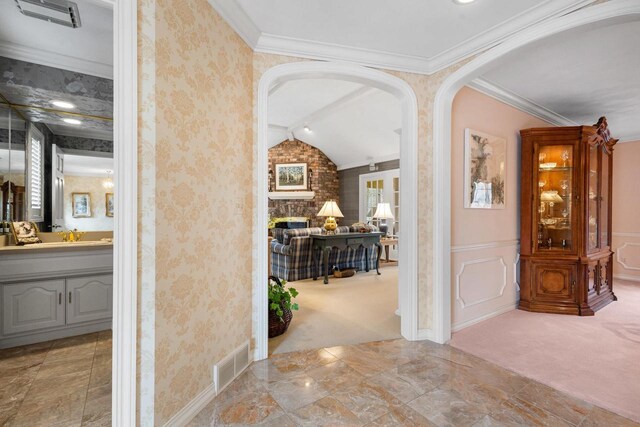 1012 E Kramer Ln, Appleton, WI 54915 - hallway featuring visible vents, carpet flooring, and wallpapered walls