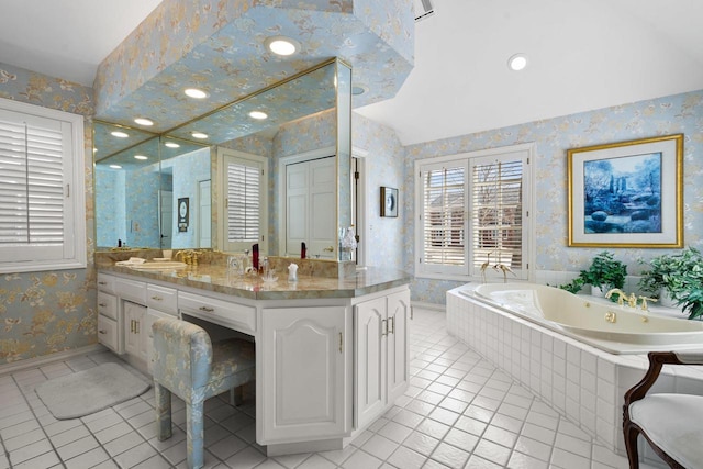 1012 E Kramer Ln, Appleton, WI 54915 - bathroom featuring vanity, baseboards, wallpapered walls, tile patterned floors, and a bath
