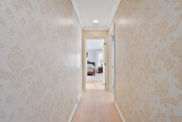 1012 E Kramer Ln, Appleton, WI 54915 - corridor with crown molding, baseboards, carpet flooring, and wallpapered walls