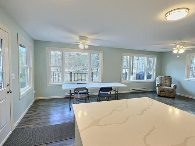 N9378 21st Ave, Neshkoro, WI 54960 - dining room with dark wood-type flooring, baseboard heating, baseboards, and ceiling fan