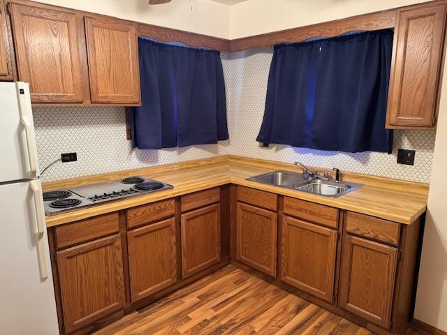kitchen with a sink, light countertops, white appliances, brown cabinetry, and wood finished floors