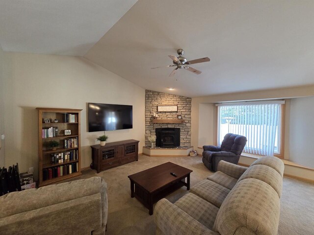 246 Golliher Ct, Westfield, WI 53964 - carpeted living area featuring a stone fireplace, a ceiling fan, and vaulted ceiling