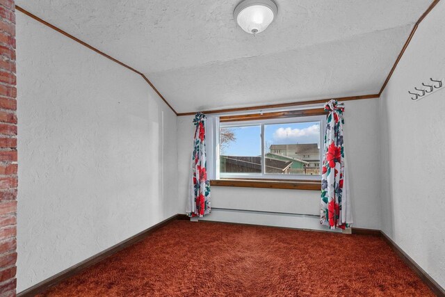 2963 Sunset Point Ln, Oshkosh, WI 54904 - spare room with vaulted ceiling, ornamental molding, a textured wall, a textured ceiling, and carpet