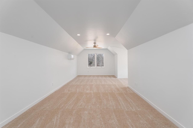 bonus room with baseboards, recessed lighting, light colored carpet, and lofted ceiling